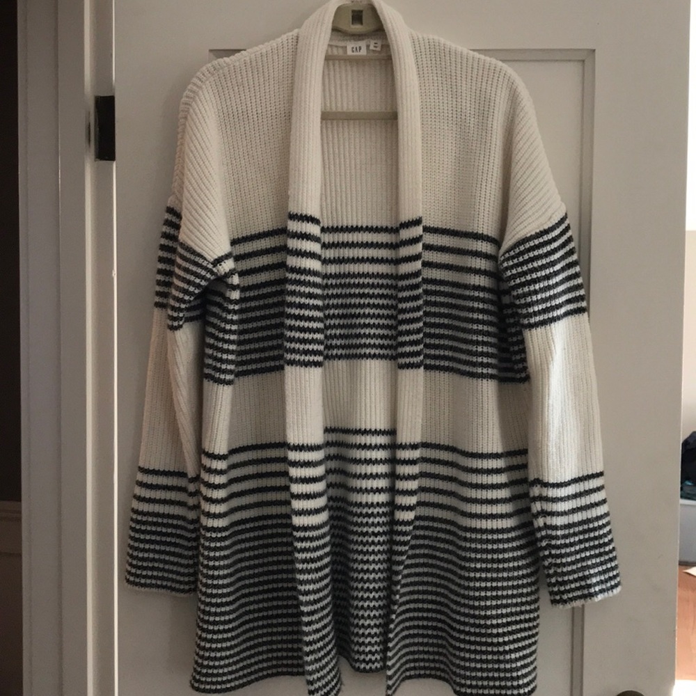 Cream open-front cardigan w/ dark gray stripes